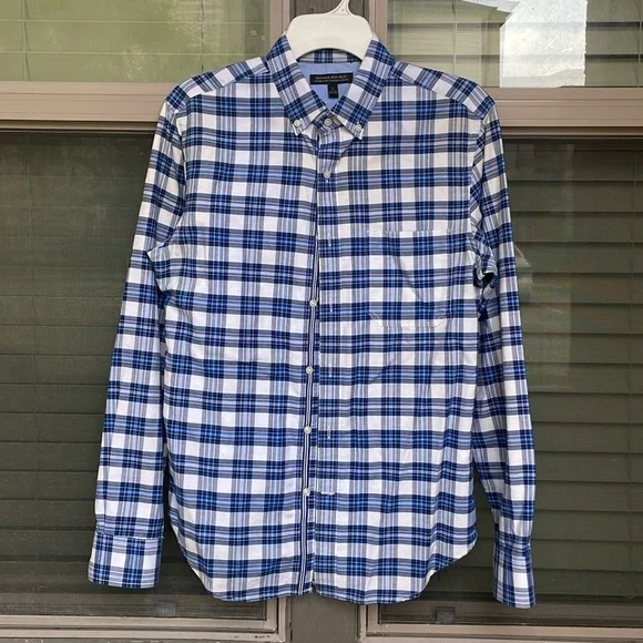 Banana Republic dress shirt SMALL Oxford tailored slim fit blue plaid - Picture 1 of 7